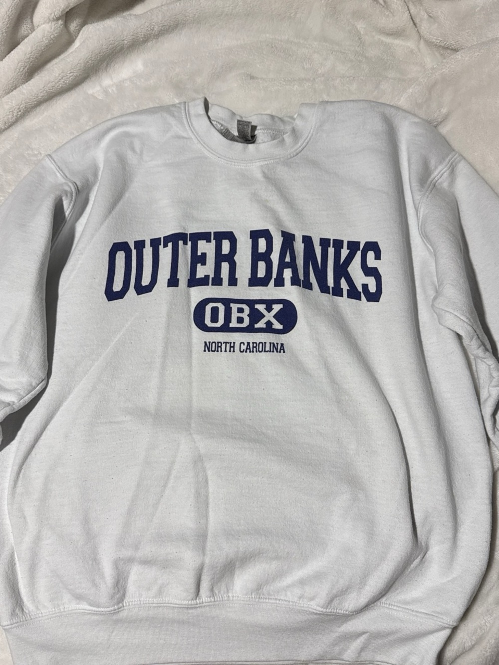 Gildan White Crewneck Sweatshirt with Navy Outer Banks OBX Print